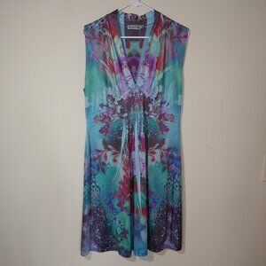 Unity World Wear Empire Waist Maxi Beaded Abstract Print  Dress Sz XL Turquoise